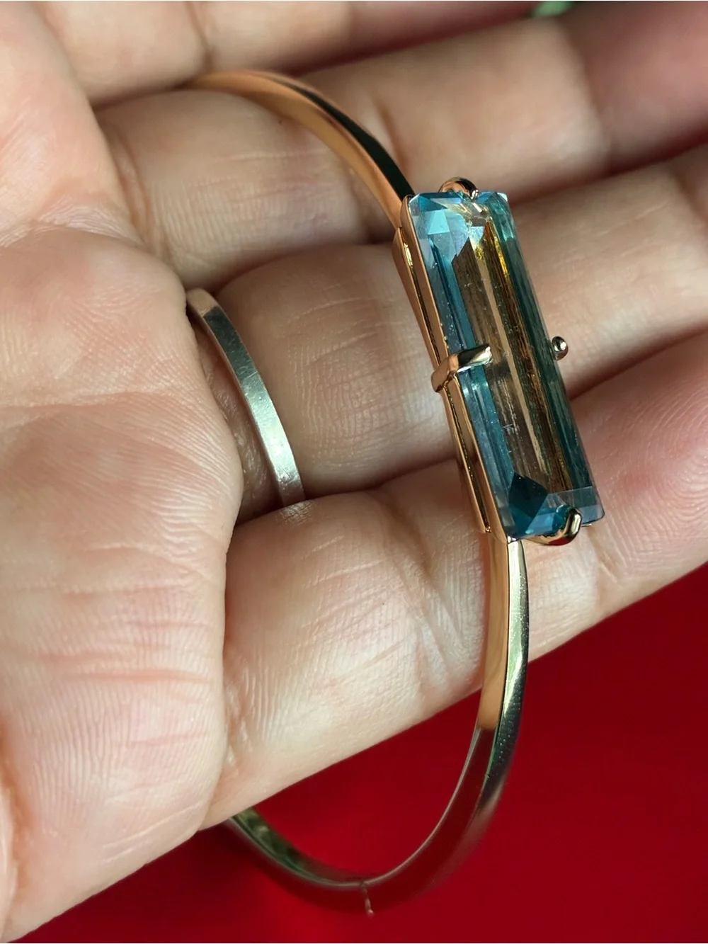 Ralph Lauren Gold Bangle with Blue Rectangular Stone 7”